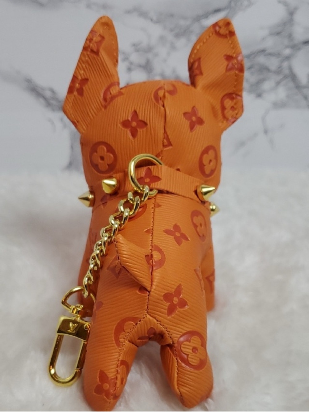Orange Monogram Dog Charm Keychain with Gold Hardware - Picture 2 of 2